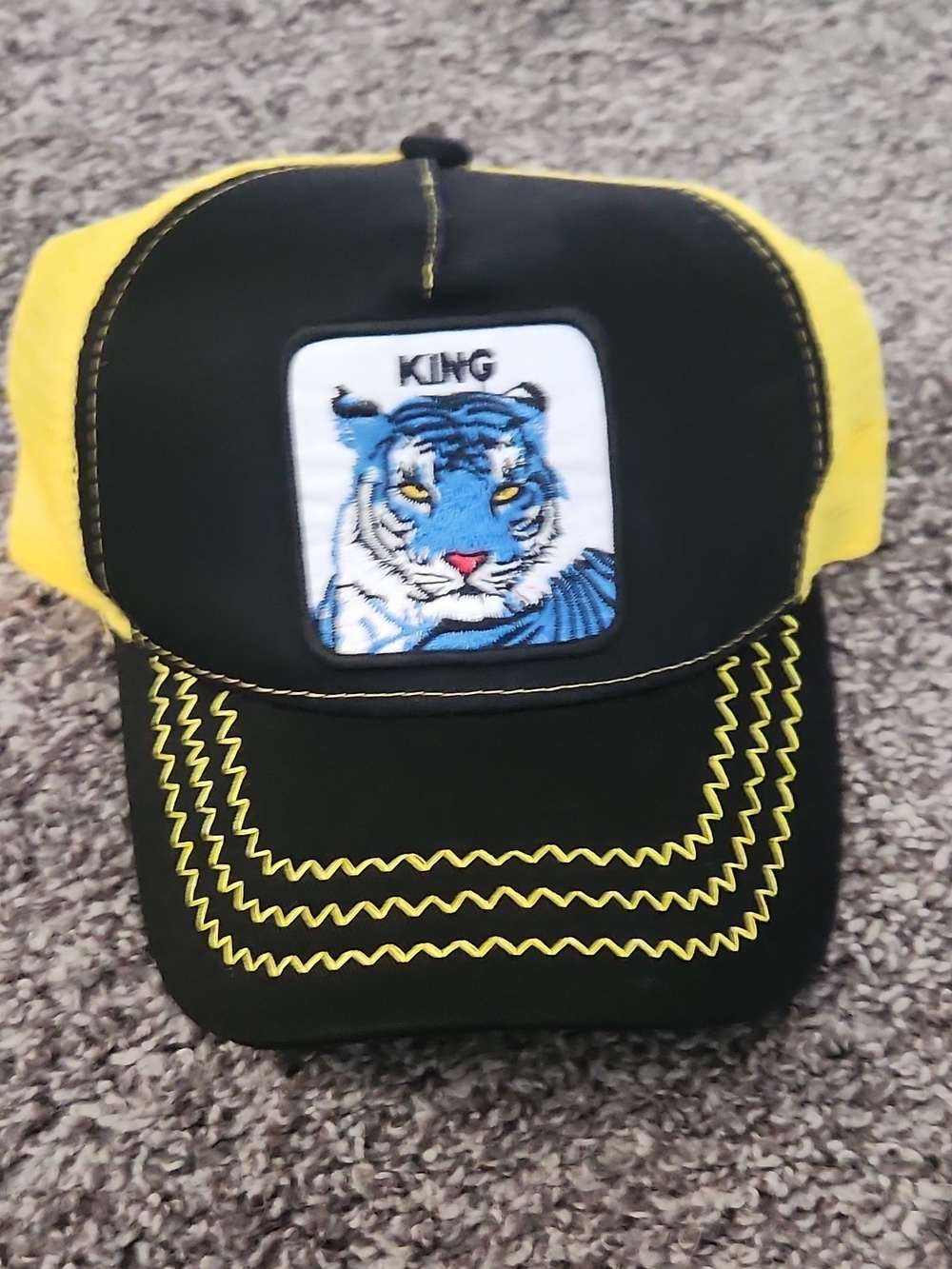 Black & Yellow Tiger Patch Trucker Hat And Blue Monster Hat